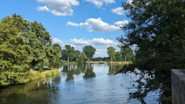 Sommerliche Idylle am badesee bamberg. Grüne Bäume spiegeln sich im ruhigen Wasser, der Himmel ist blau mit weißen Wolken.