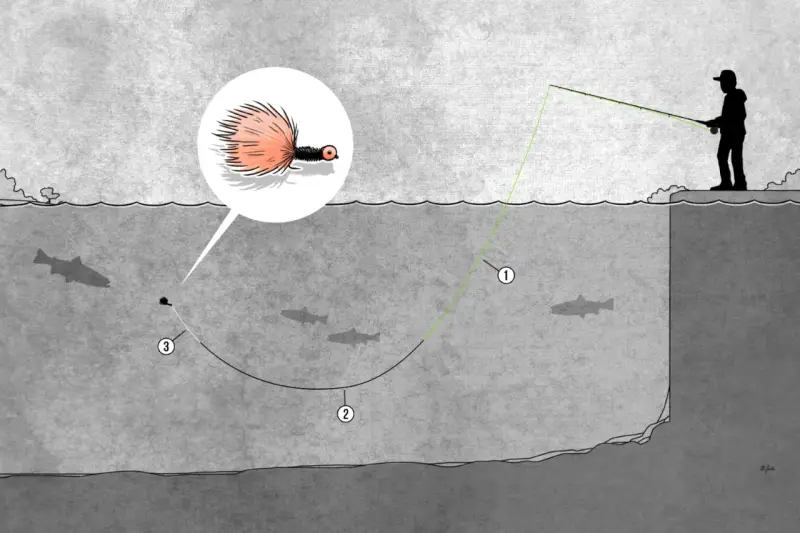 Illustration einer fliegenfischen montage: Ein Angler wirft eine Fliege, die im Detail gezeigt wird, ins Wasser, wo Fische schwimmen.